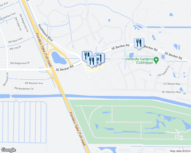 map of restaurants, bars, coffee shops, grocery stores, and more near 718 Southeast Becker Road in Port St. Lucie