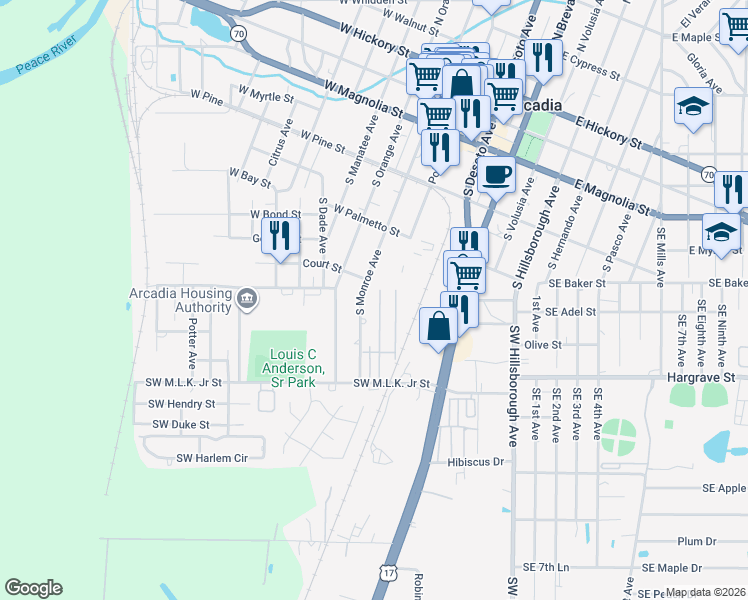 map of restaurants, bars, coffee shops, grocery stores, and more near 707 South Monroe Avenue in Arcadia