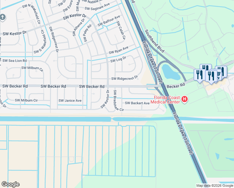 map of restaurants, bars, coffee shops, grocery stores, and more near 417 Southwest Bradshaw Circle in Port St. Lucie