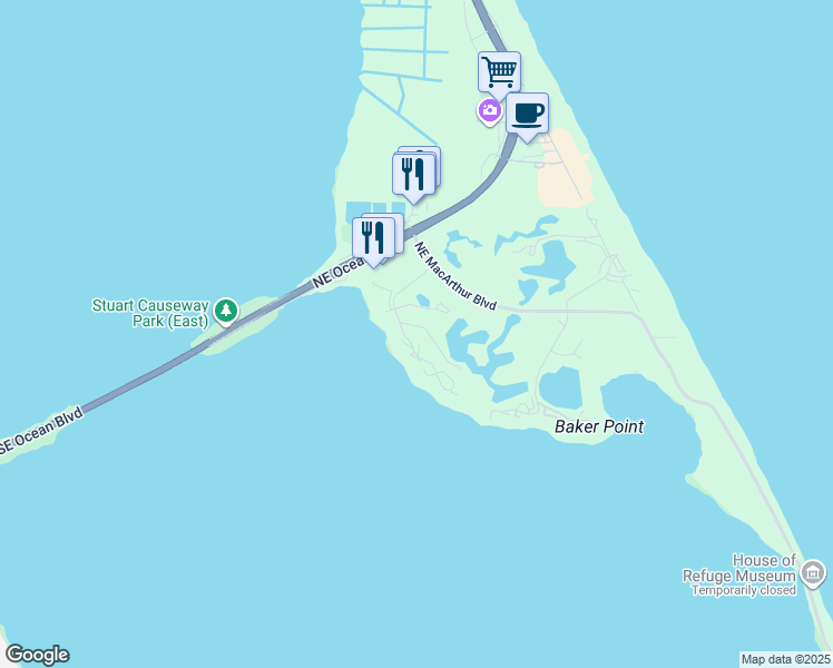map of restaurants, bars, coffee shops, grocery stores, and more near 267 Northeast Edgewater Drive in Stuart