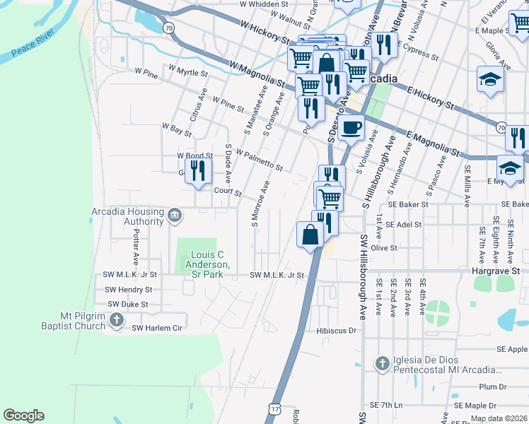 map of restaurants, bars, coffee shops, grocery stores, and more near 707 South Monroe Avenue in Arcadia