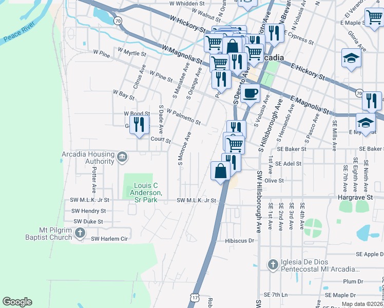 map of restaurants, bars, coffee shops, grocery stores, and more near 707 South Monroe Avenue in Arcadia