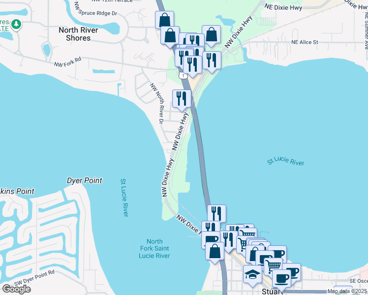 map of restaurants, bars, coffee shops, grocery stores, and more near 215 Northwest Flagler Avenue in Stuart