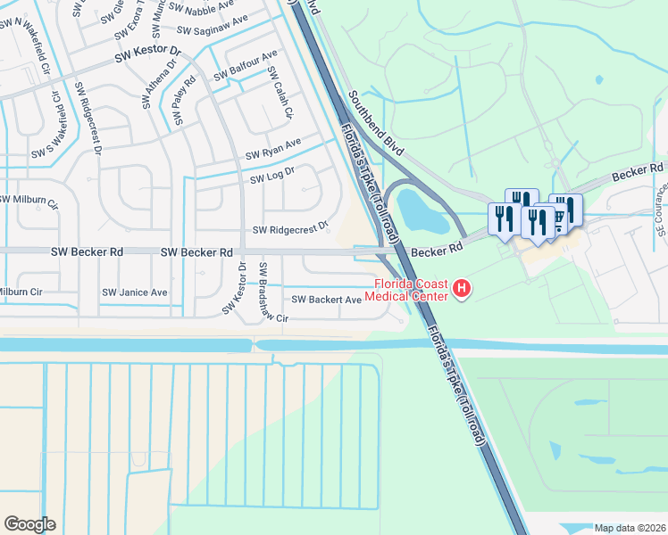 map of restaurants, bars, coffee shops, grocery stores, and more near 614 Southwest Bradshaw Circle in Port St. Lucie
