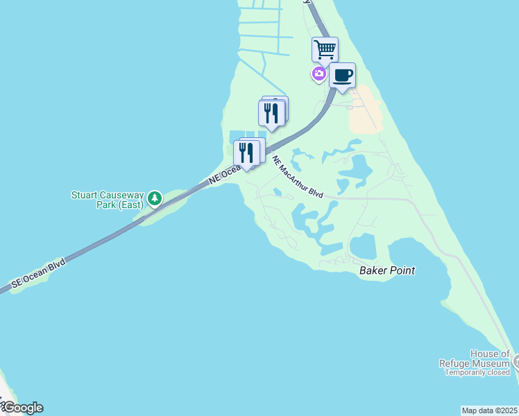 map of restaurants, bars, coffee shops, grocery stores, and more near 322 Northeast Edgewater Drive in Stuart