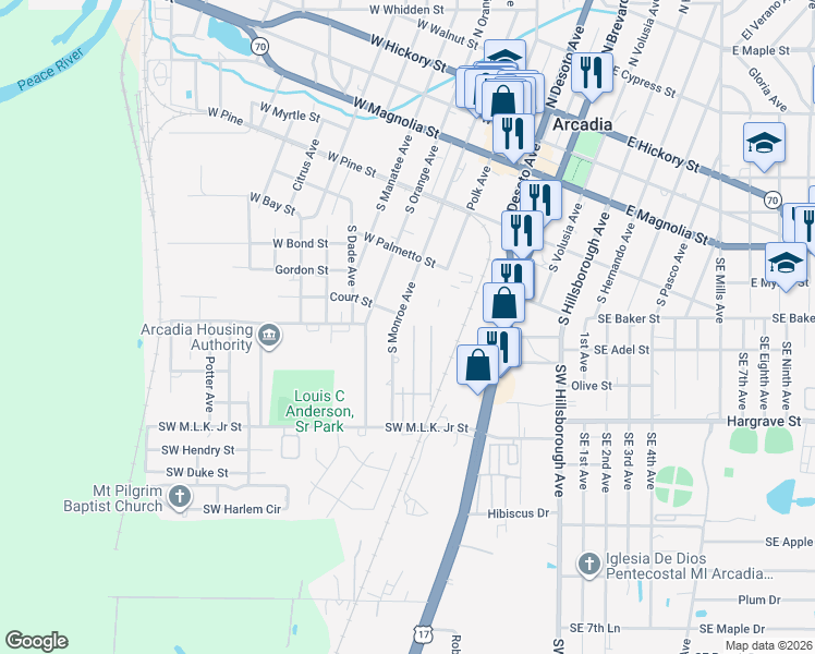 map of restaurants, bars, coffee shops, grocery stores, and more near 707 South Monroe Avenue in Arcadia