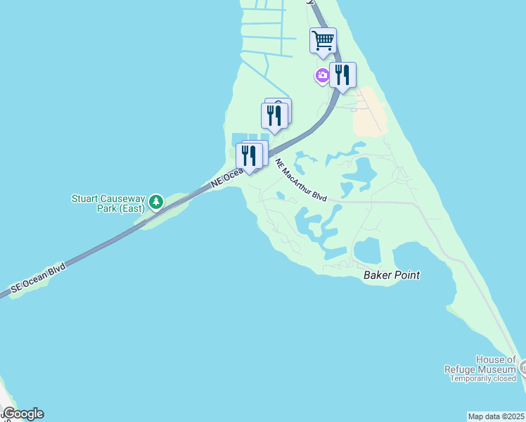 map of restaurants, bars, coffee shops, grocery stores, and more near 322 Northeast Edgewater Drive in Stuart