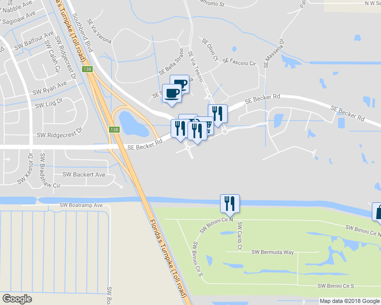 map of restaurants, bars, coffee shops, grocery stores, and more near Southeast Veranda Place in Port St. Lucie