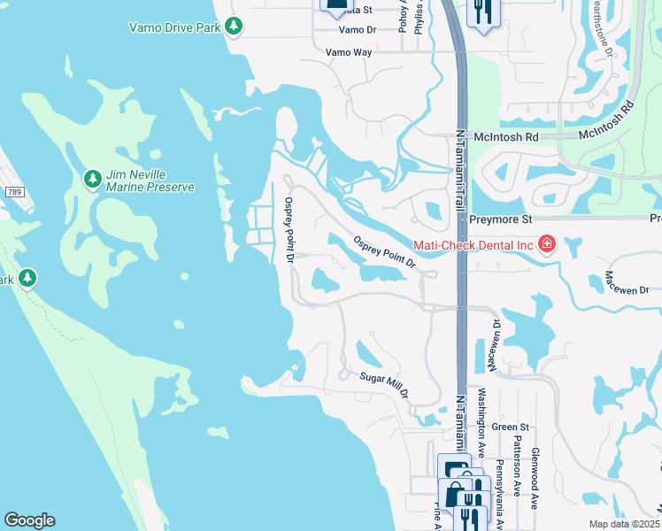 map of restaurants, bars, coffee shops, grocery stores, and more near 438 Webbs Cove in Osprey
