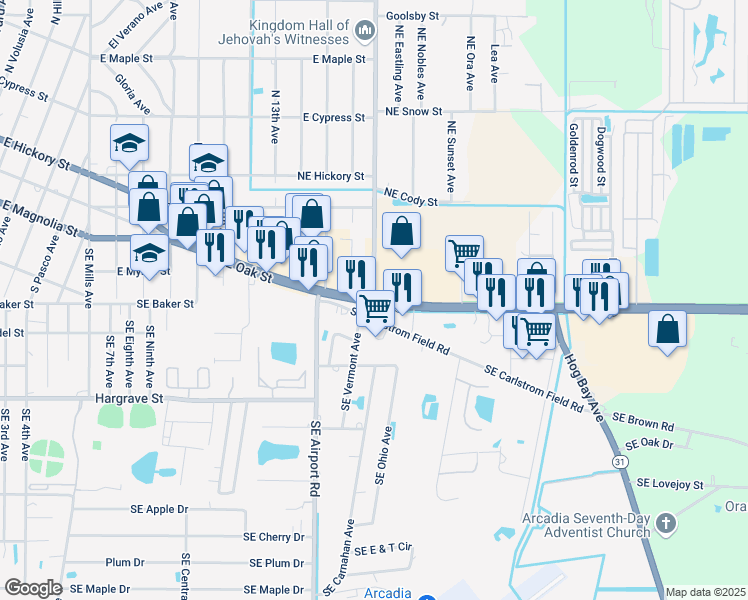 map of restaurants, bars, coffee shops, grocery stores, and more near 1707 East Oak Street in Arcadia