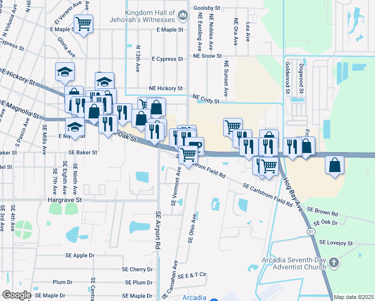 map of restaurants, bars, coffee shops, grocery stores, and more near 1707 East Oak Street in Arcadia