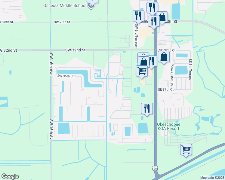 map of restaurants, bars, coffee shops, grocery stores, and more near 1623 Southwest 35th Circle in Okeechobee