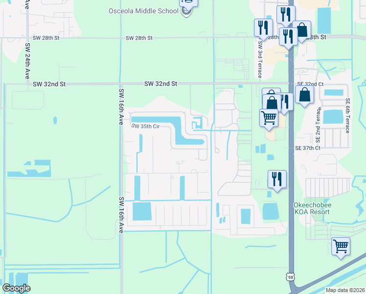 map of restaurants, bars, coffee shops, grocery stores, and more near 1686 Southwest 35th Circle in Okeechobee