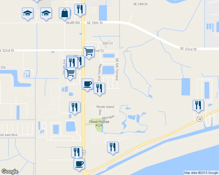 map of restaurants, bars, coffee shops, grocery stores, and more near 375 Southeast 37th Court in Okeechobee