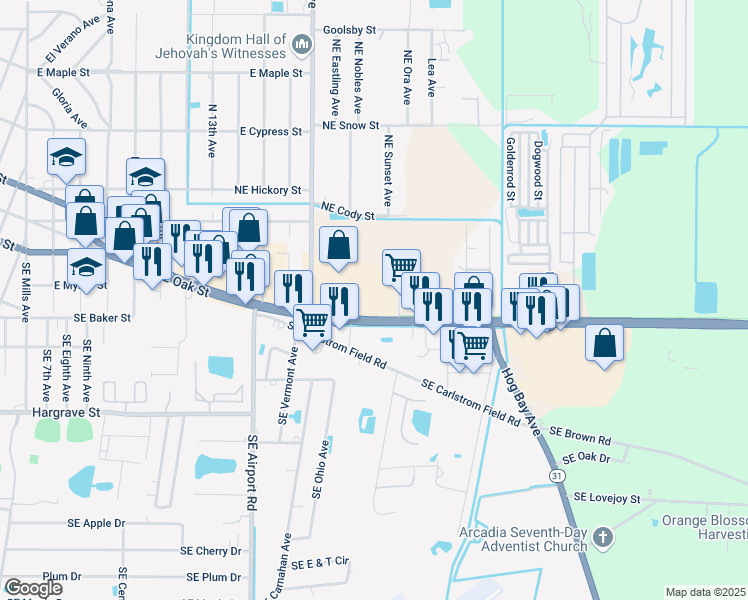 map of restaurants, bars, coffee shops, grocery stores, and more near 1737 East Oak Street in Arcadia