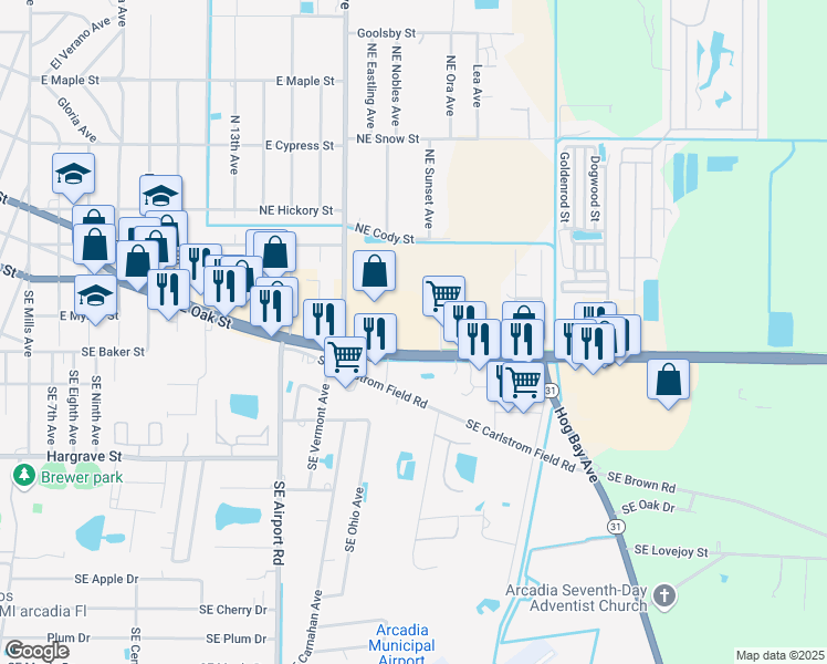 map of restaurants, bars, coffee shops, grocery stores, and more near 1737 East Oak Street in Arcadia