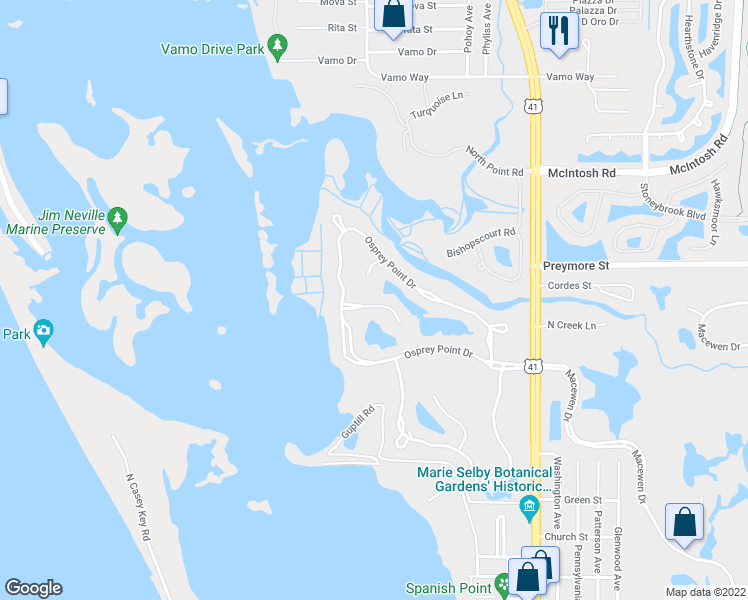map of restaurants, bars, coffee shops, grocery stores, and more near 459 Webbs Cove in Osprey