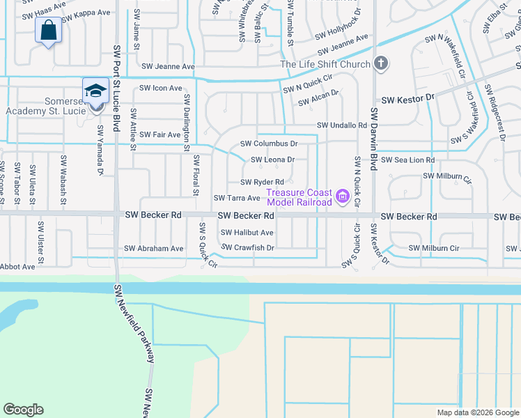 map of restaurants, bars, coffee shops, grocery stores, and more near 309 Southwest Becker Road in Port St. Lucie