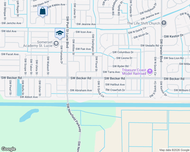 map of restaurants, bars, coffee shops, grocery stores, and more near 4589 Southwest Floral Street in Port St. Lucie