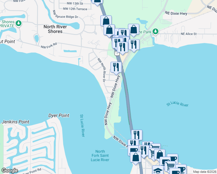 map of restaurants, bars, coffee shops, grocery stores, and more near 622 Northwest Poinsettia Street in Stuart