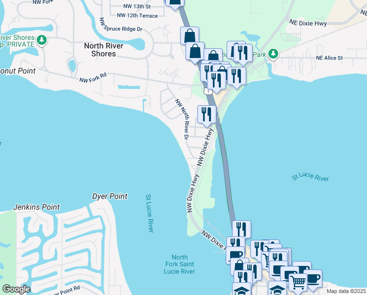 map of restaurants, bars, coffee shops, grocery stores, and more near 407 Northwest North River Drive in Stuart