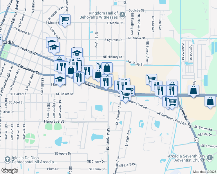 map of restaurants, bars, coffee shops, grocery stores, and more near 1409 East Oak Street in Arcadia