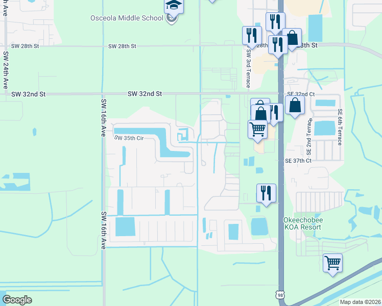 map of restaurants, bars, coffee shops, grocery stores, and more near 1604 Southwest 35th Circle in Okeechobee