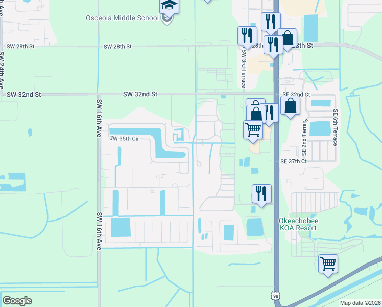 map of restaurants, bars, coffee shops, grocery stores, and more near 1623 Southwest 35th Circle in Okeechobee