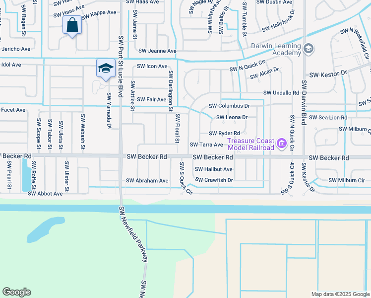 map of restaurants, bars, coffee shops, grocery stores, and more near 4589 Southwest Floral Street in Port St. Lucie