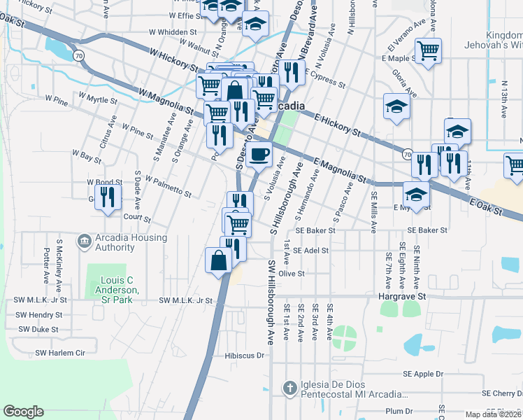 map of restaurants, bars, coffee shops, grocery stores, and more near 243 South Volusia Avenue in Arcadia