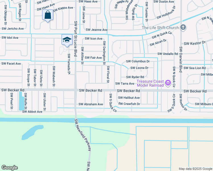 map of restaurants, bars, coffee shops, grocery stores, and more near 602 Southwest Caburn Avenue in Port Saint Lucie
