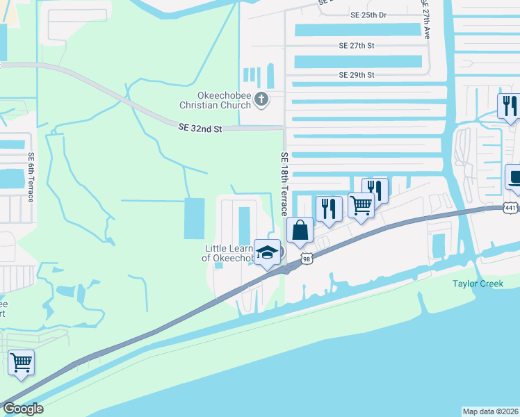 map of restaurants, bars, coffee shops, grocery stores, and more near 1601 U.S. 441 in Okeechobee