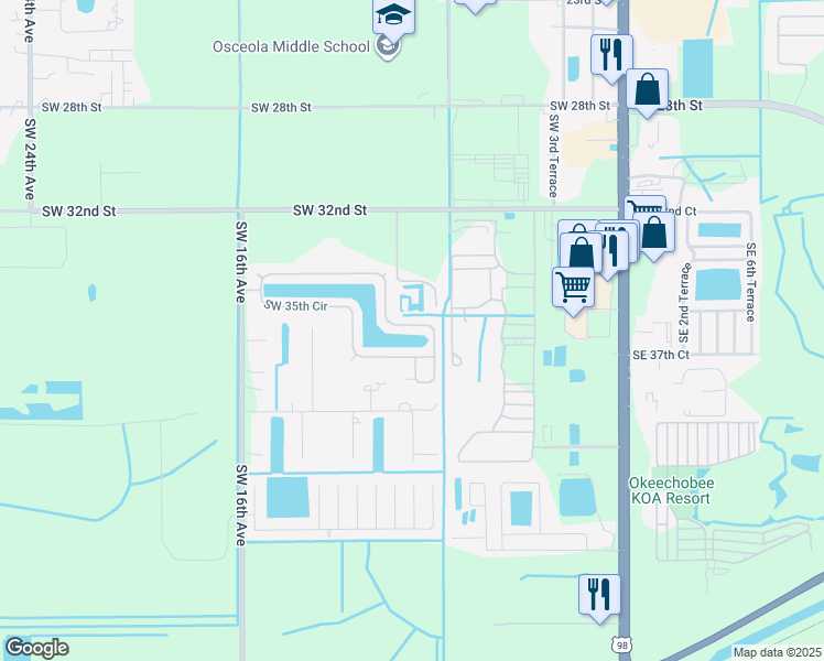 map of restaurants, bars, coffee shops, grocery stores, and more near 1604 Southwest 35th Circle in Okeechobee