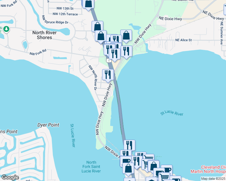 map of restaurants, bars, coffee shops, grocery stores, and more near 415 Northwest Flagler Avenue in Stuart