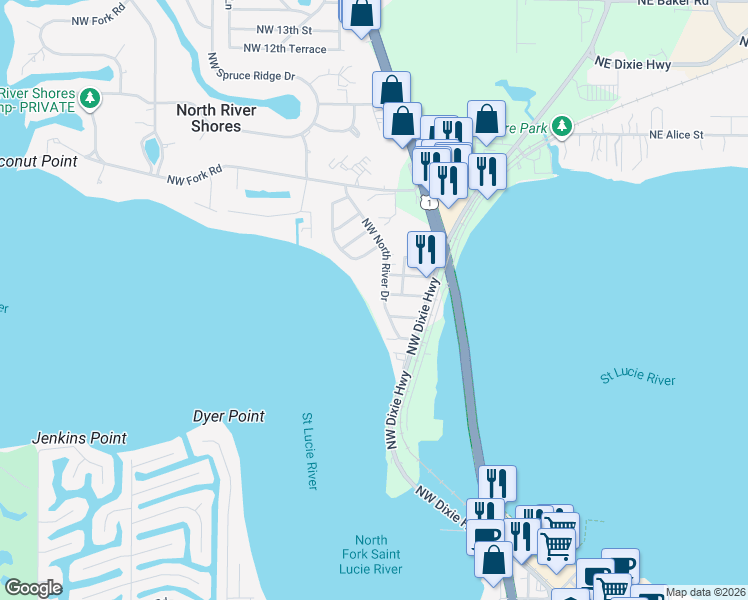 map of restaurants, bars, coffee shops, grocery stores, and more near 407 Northwest North River Drive in Stuart