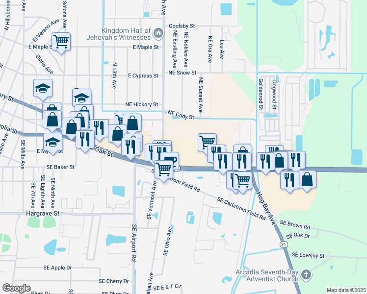 map of restaurants, bars, coffee shops, grocery stores, and more near 1711 East Oak Street in Arcadia