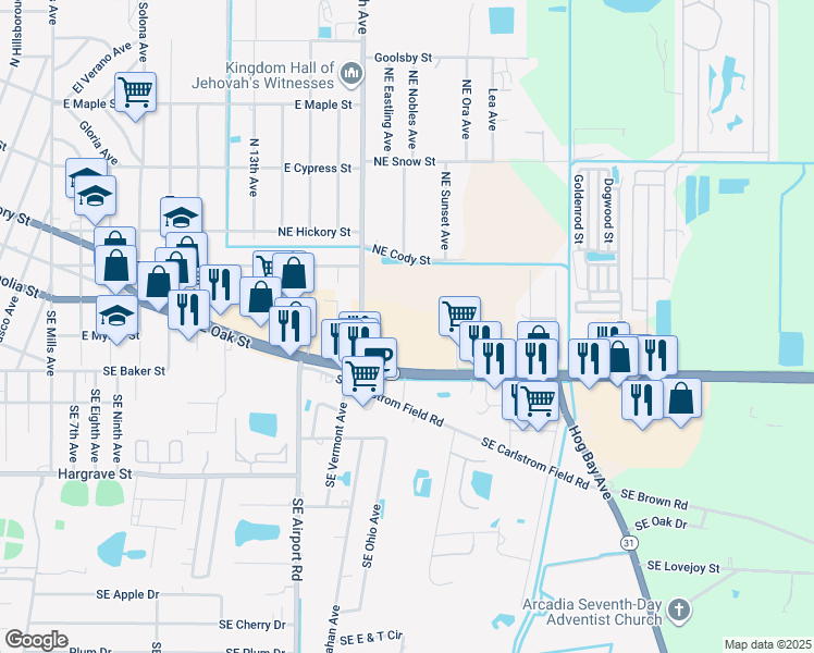 map of restaurants, bars, coffee shops, grocery stores, and more near 1711 East Oak Street in Arcadia