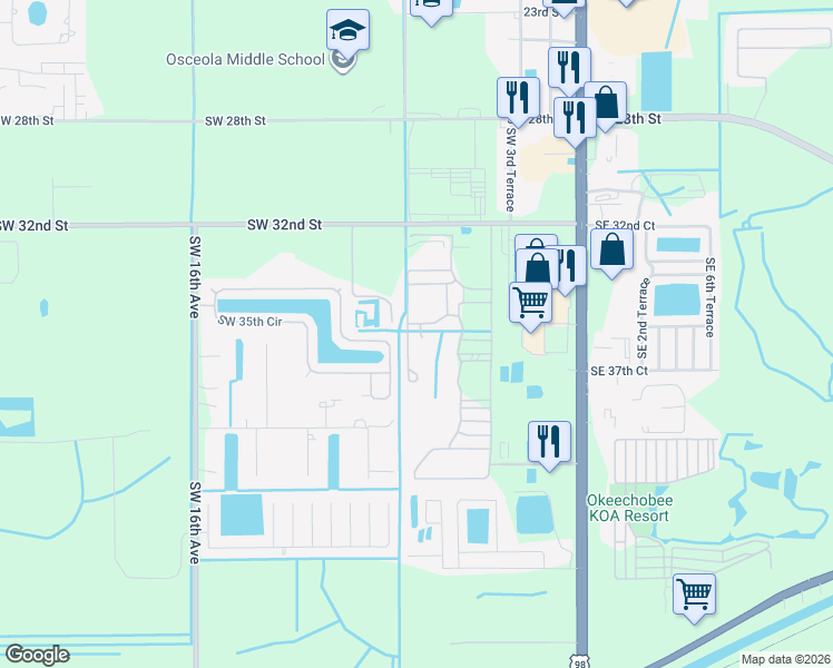 map of restaurants, bars, coffee shops, grocery stores, and more near 3520 Southwest 10th Terrace in Okeechobee
