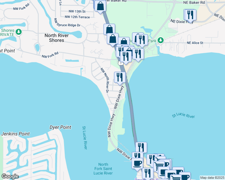 map of restaurants, bars, coffee shops, grocery stores, and more near 518 Northwest Stuart Avenue in Stuart