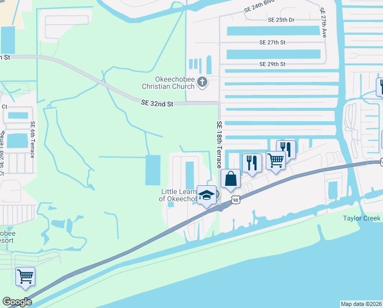 map of restaurants, bars, coffee shops, grocery stores, and more near 1801 Us Highway 441 Southeast in Okeechobee
