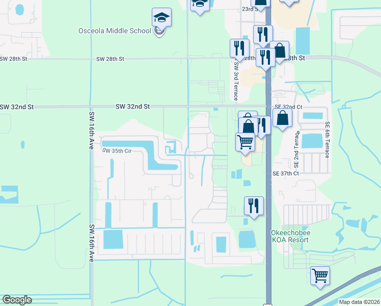 map of restaurants, bars, coffee shops, grocery stores, and more near 3520 Southwest 10th Terrace in Okeechobee