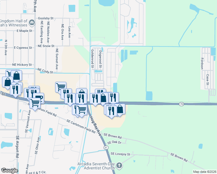 map of restaurants, bars, coffee shops, grocery stores, and more near 2692 Florida 70 in Arcadia
