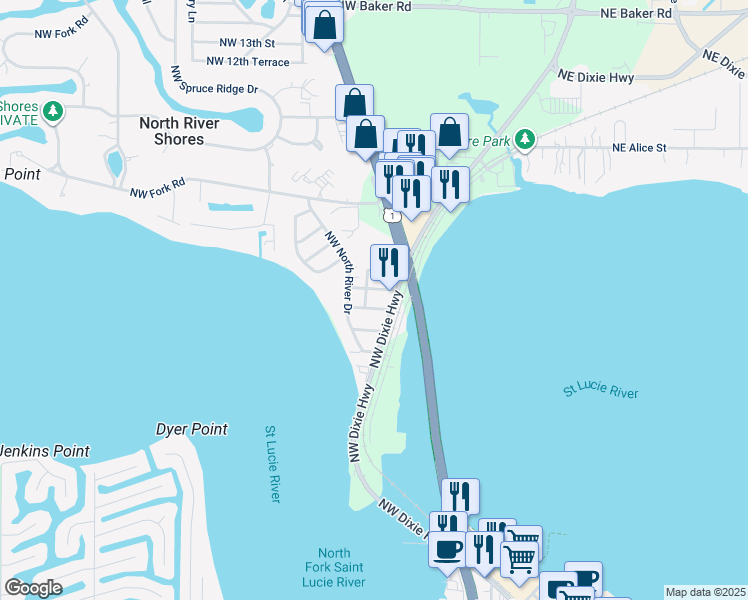 map of restaurants, bars, coffee shops, grocery stores, and more near 518 Northwest Stuart Avenue in Stuart