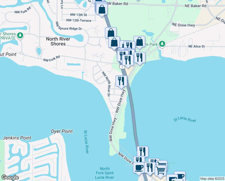 map of restaurants, bars, coffee shops, grocery stores, and more near 518 Northwest Stuart Avenue in Stuart