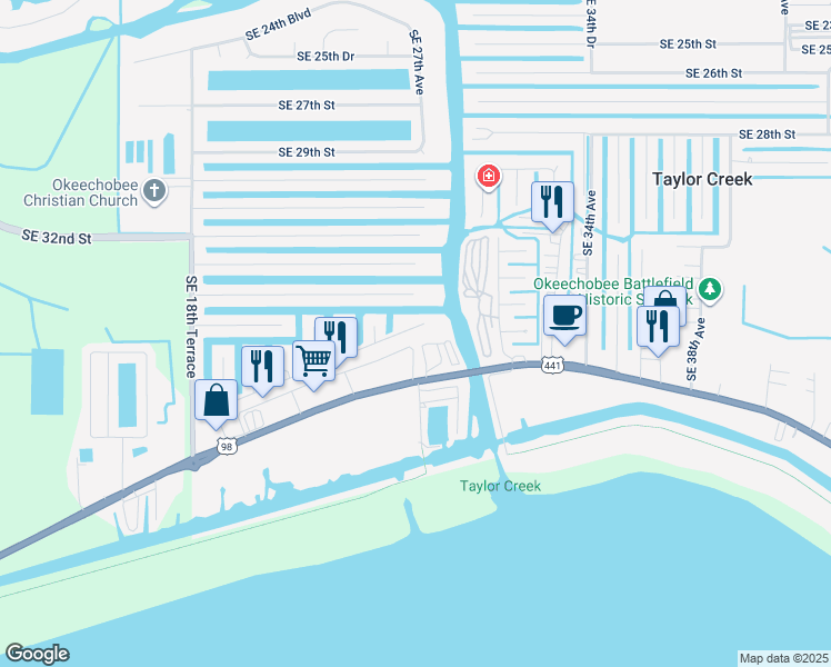 map of restaurants, bars, coffee shops, grocery stores, and more near 2638 Southeast 38th Trail in Okeechobee