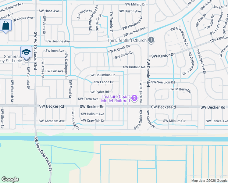 map of restaurants, bars, coffee shops, grocery stores, and more near 440 Southwest Ryder Road in Port St. Lucie