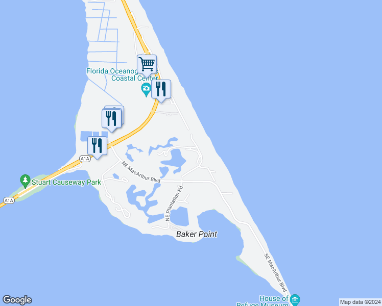 map of restaurants, bars, coffee shops, grocery stores, and more near 554 Northeast Gulfstream Way in Stuart