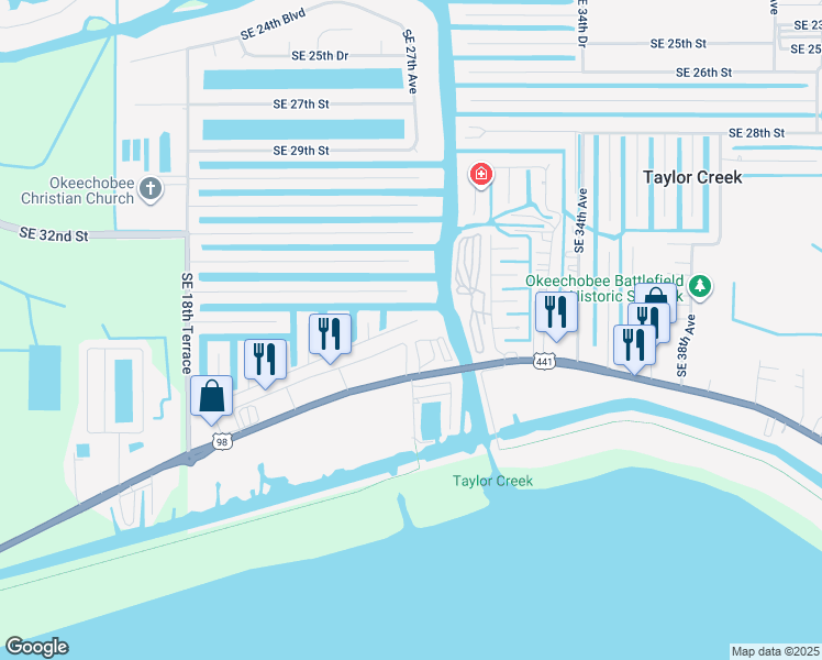 map of restaurants, bars, coffee shops, grocery stores, and more near 2638 Southeast 38th Trail in Okeechobee