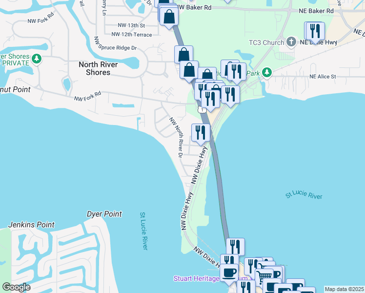 map of restaurants, bars, coffee shops, grocery stores, and more near 516 Northwest North River Drive in Stuart