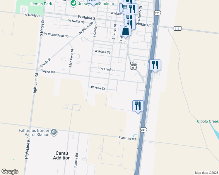 map of restaurants, bars, coffee shops, grocery stores, and more near 228 Hise Street in Falfurrias